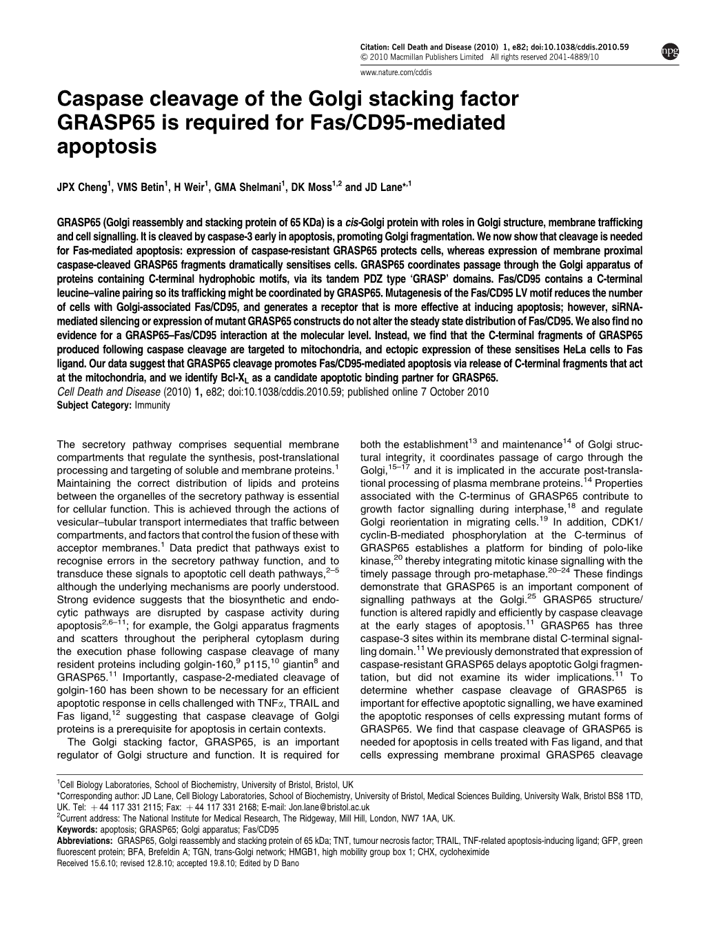 Caspase Cleavage of the Golgi Stacking Factor GRASP65 Is Required for Fas/CD95-Mediated Apoptosis