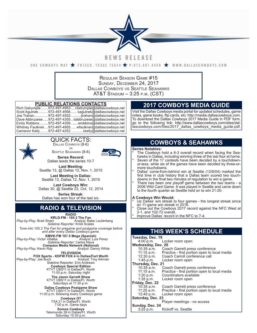 Radio & Television This Week's Schedule Cowboys