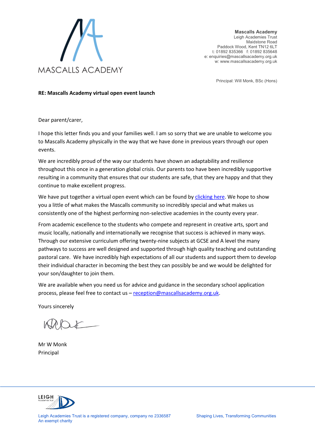 Mascalls Academy Virtual Open Event Launch Dear Parent/Carer, I Hope