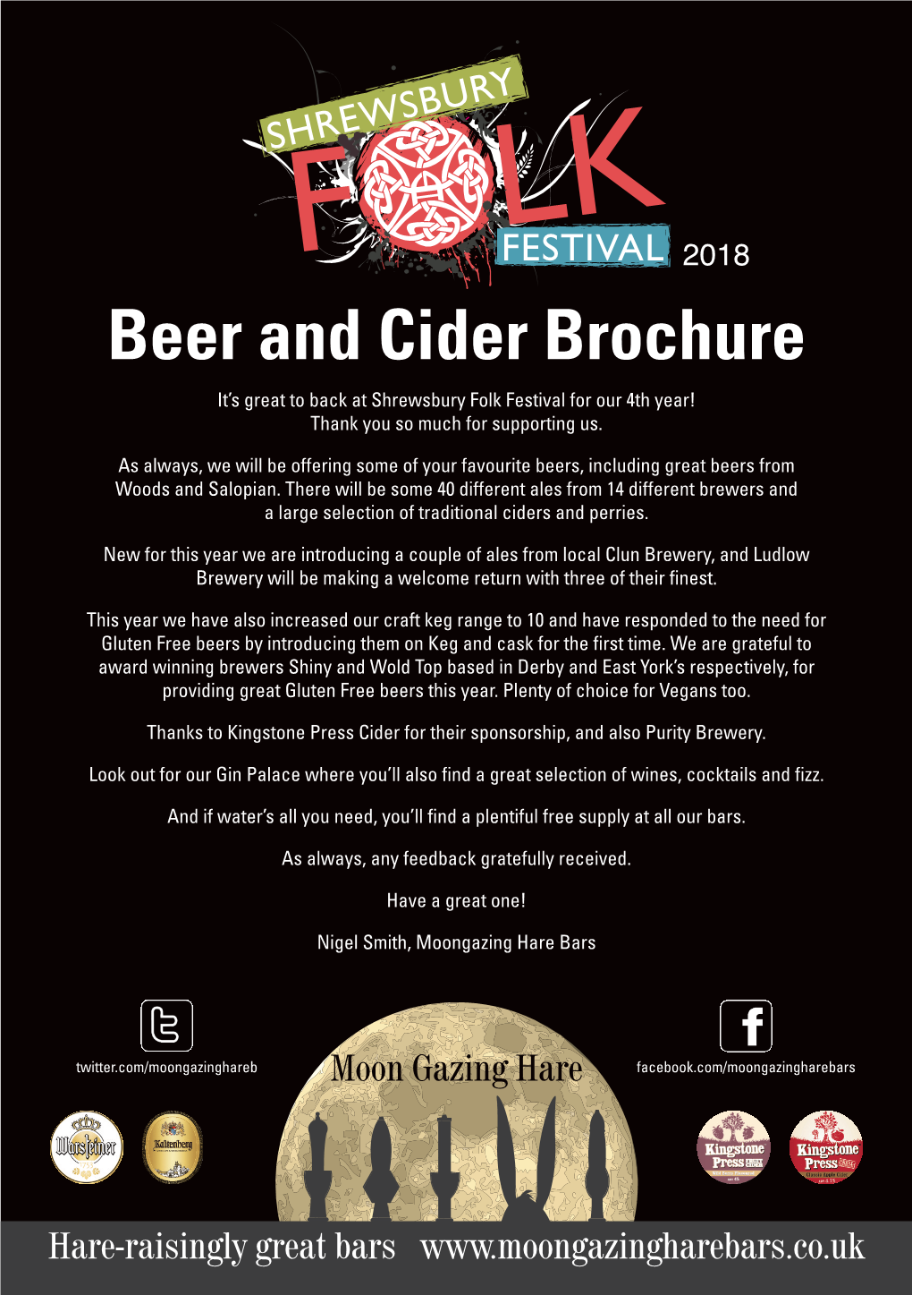 Beer and Cider Brochure It’S Great to Back at Shrewsbury Folk Festival for Our 4Th Year! Thank You So Much for Supporting Us