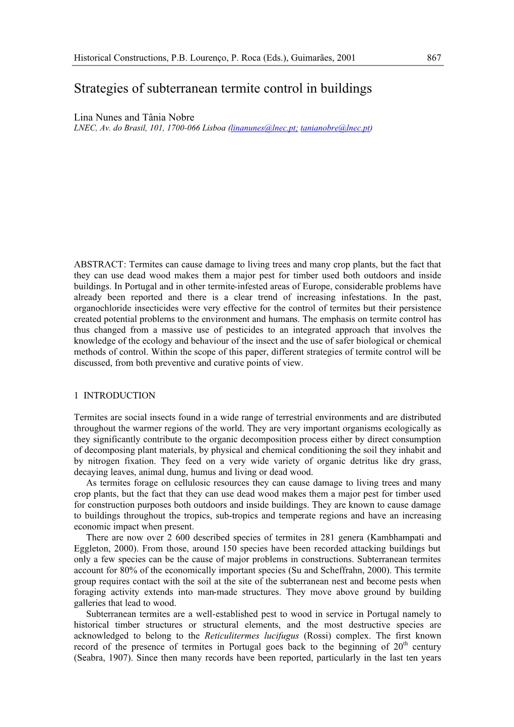 Strategies of Subterranean Termite Control in Buildings