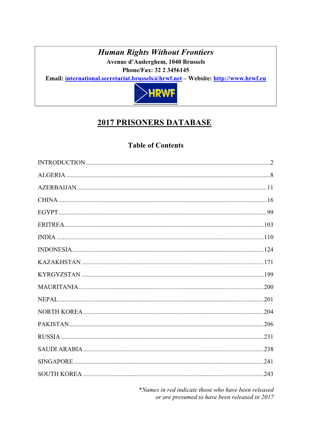 Human Rights Without Frontiers 2017 PRISONERS DATABASE