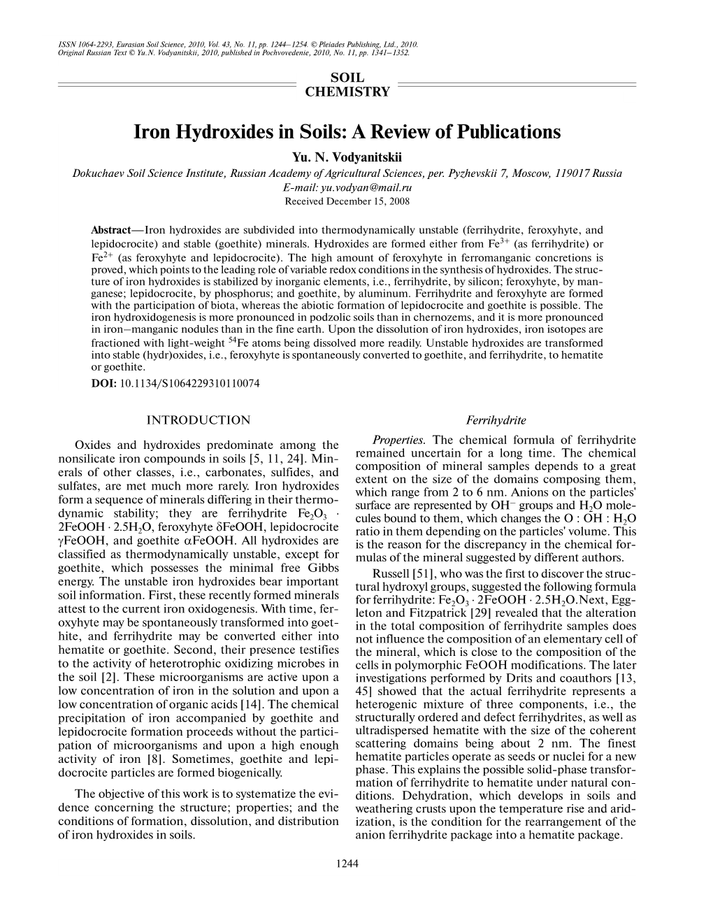 Iron Hydroxides in Soils: a Review of Publications Yu
