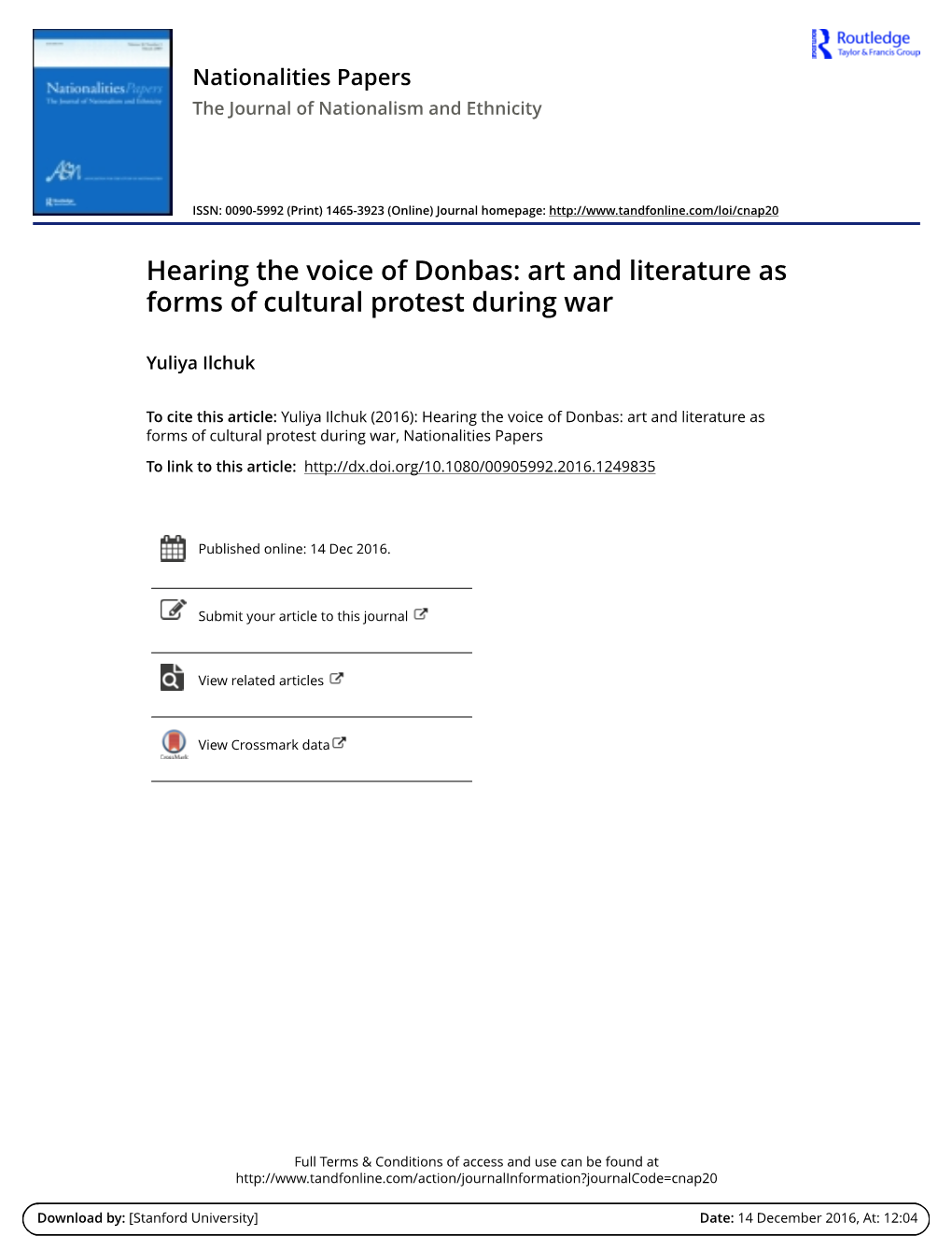 Hearing the Voice of Donbas: Art and Literature As Forms of Cultural Protest During War