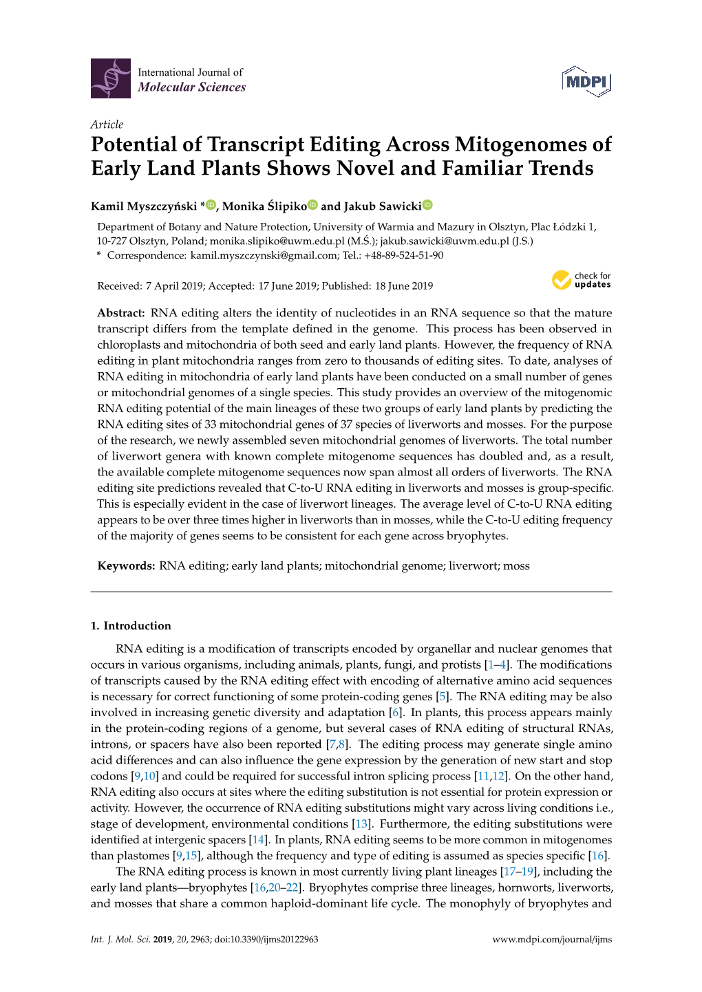 Potential of Transcript Editing Across Mitogenomes of Early Land Plants Shows Novel and Familiar Trends