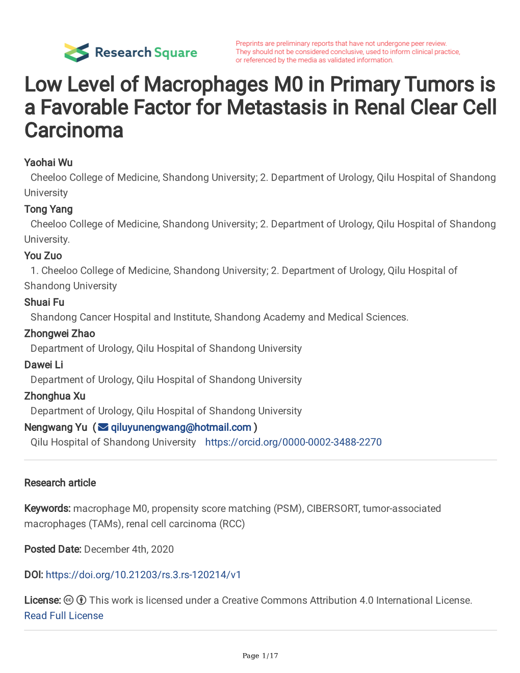 Low Level of Macrophages M0 in Primary Tumors Is a Favorable Factor for Metastasis in Renal Clear Cell Carcinoma