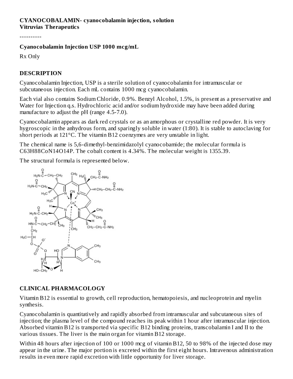 Cyanocobalamin Injection USP 1000 Mcg/Ml Rx Only
