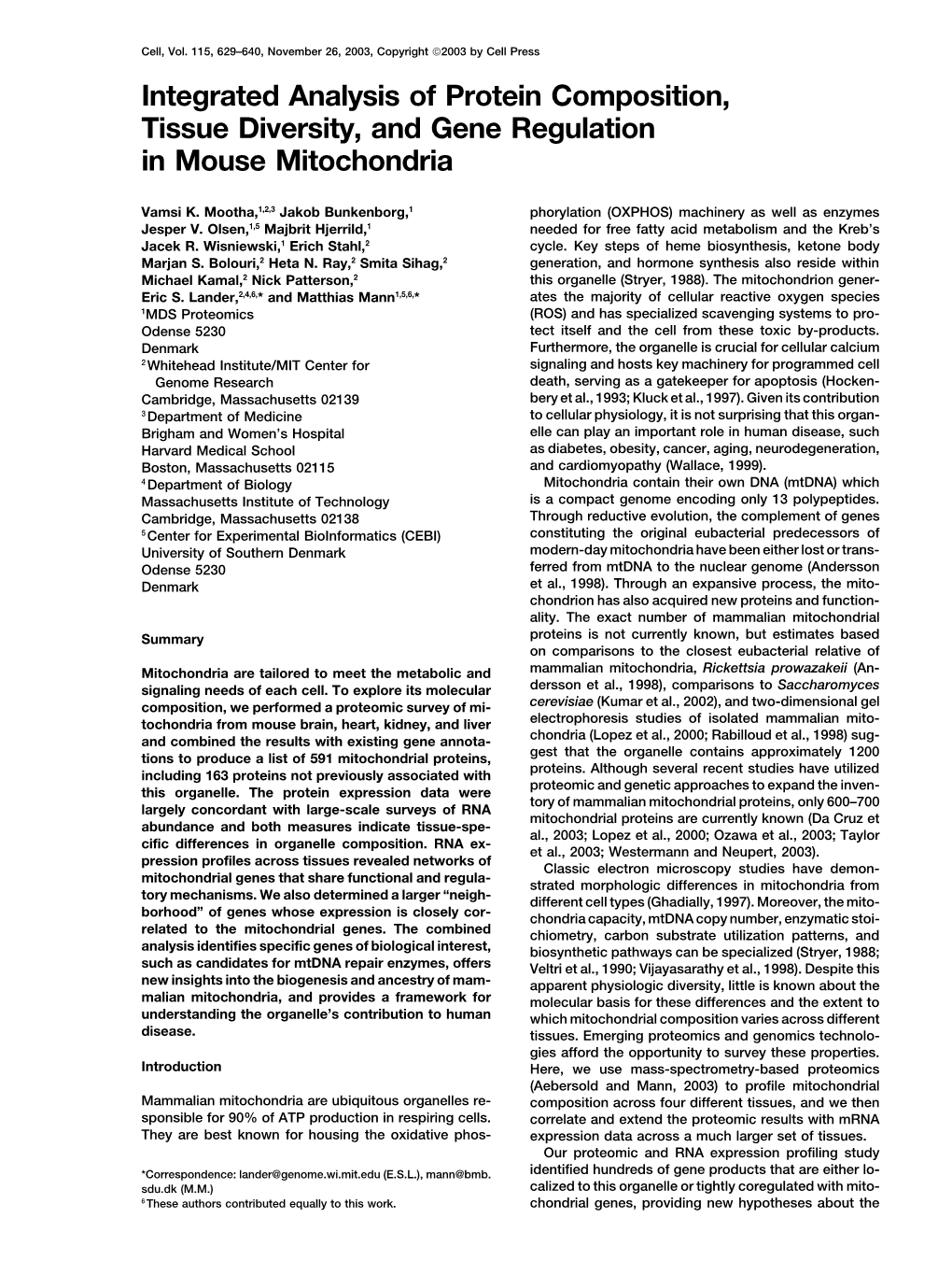 Integrated Analysis of Protein Composition, Tissue Diversity, and Gene Regulation in Mouse Mitochondria