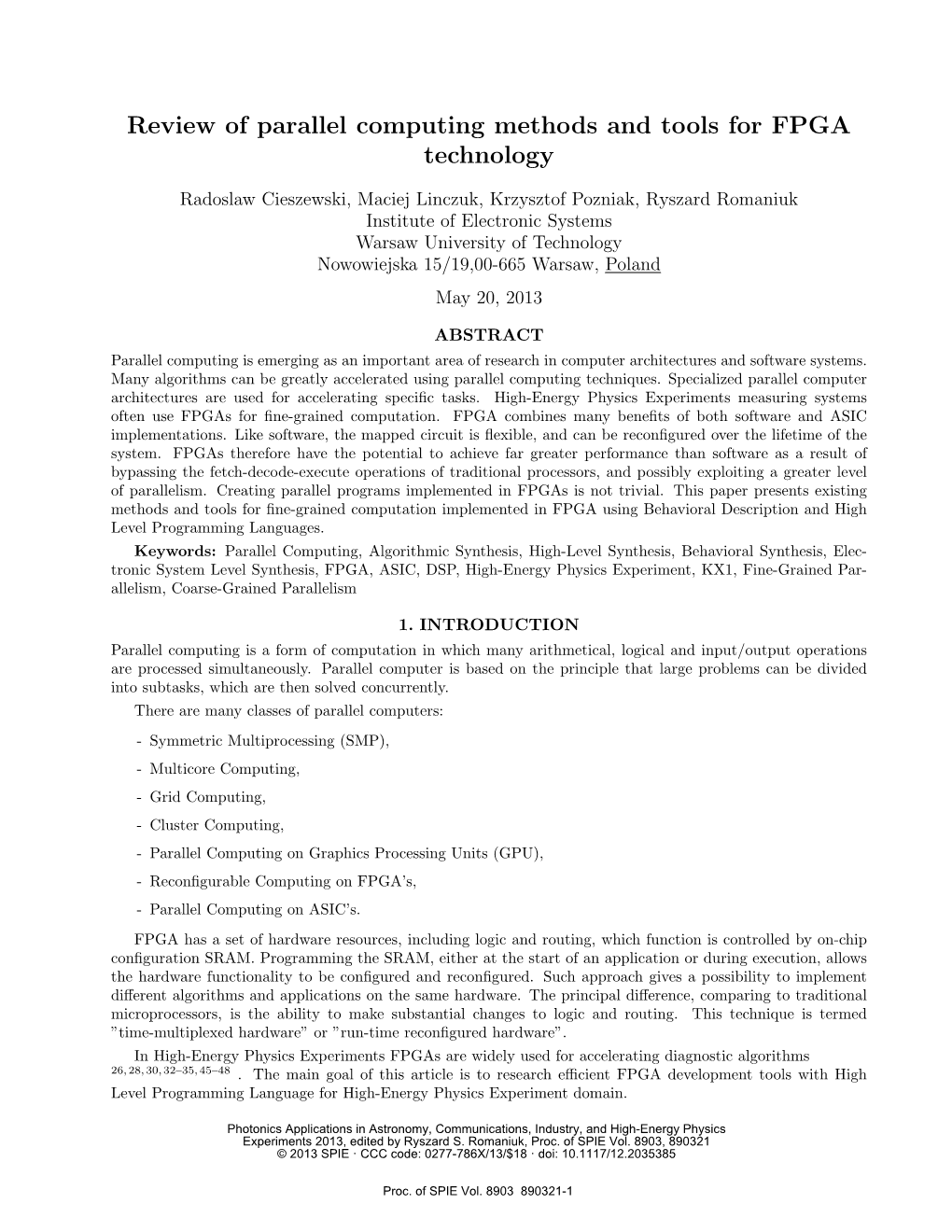 Review of Parallel Computing Methods and Tools for FPGA Technology