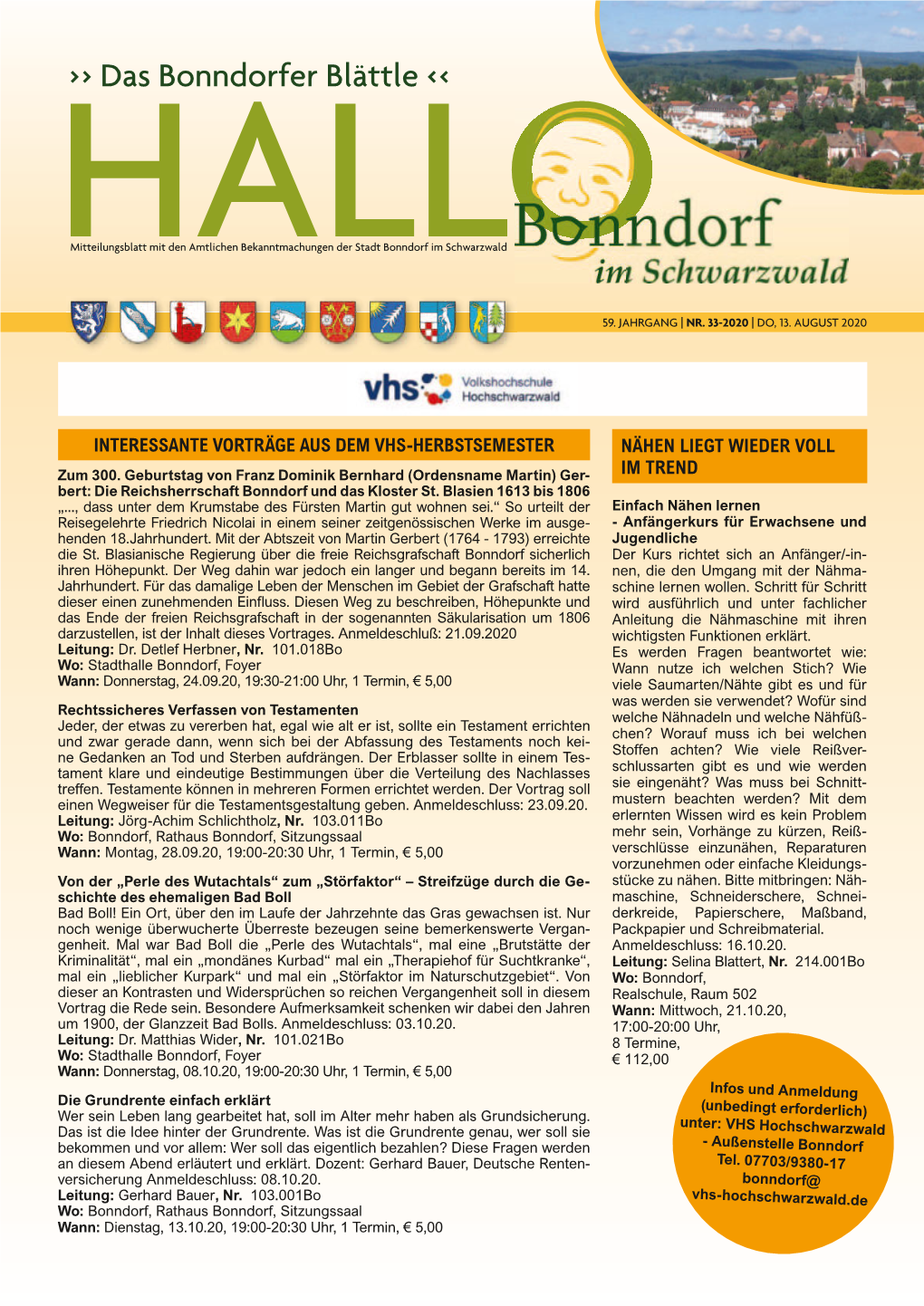 Bonndorfer Blättle | 59. JAHRGANG | Nr. 33 | Do, 13. August 2020