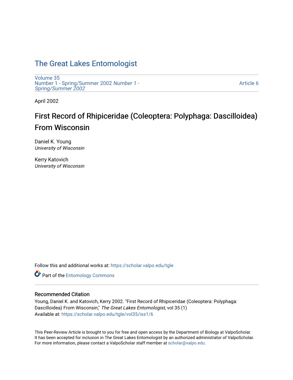 First Record of Rhipiceridae (Coleoptera: Polyphaga: Dascilloidea) from Wisconsin