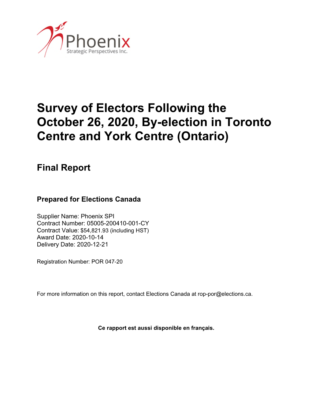 Survey of Electors Following the October 26, 2020, By-Election in Toronto Centre and York Centre (Ontario)