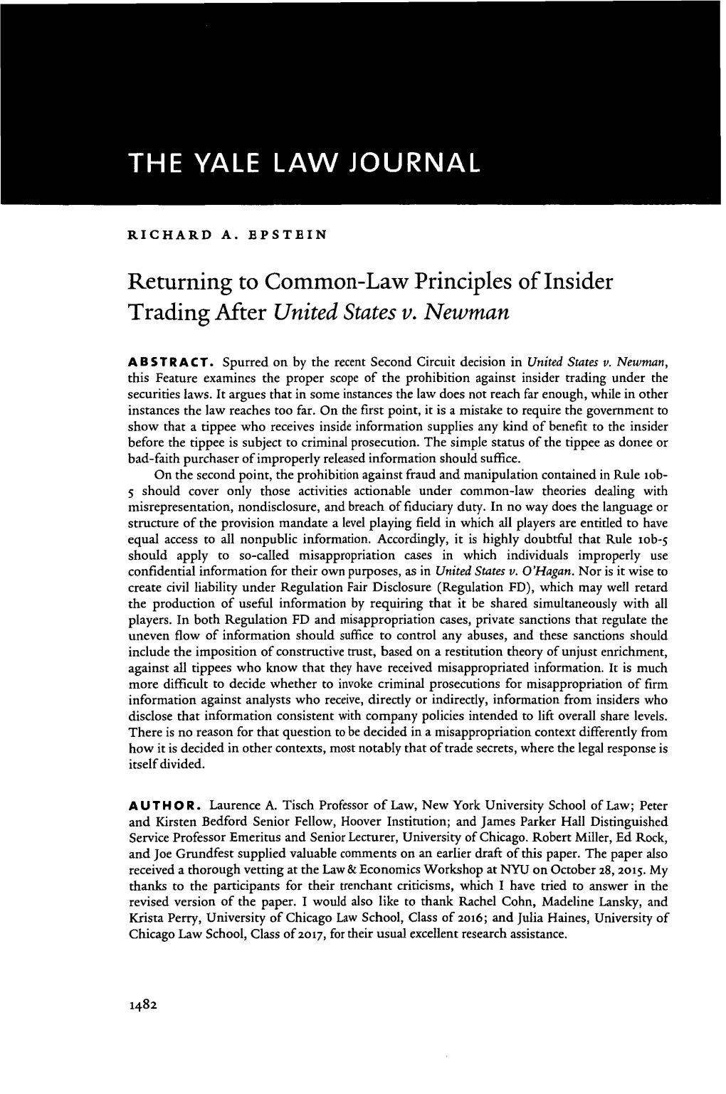 Returning to Common-Law Principles of Insider Trading After United States V