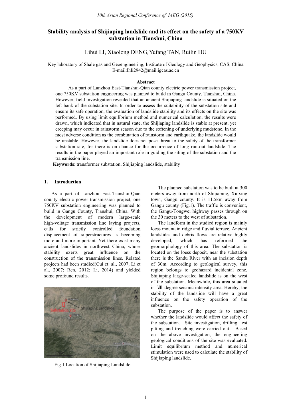 Stability Analysis of Shijiaping Landslide and Its Effect on the Safety of a 750KV Substation in Tianshui, China