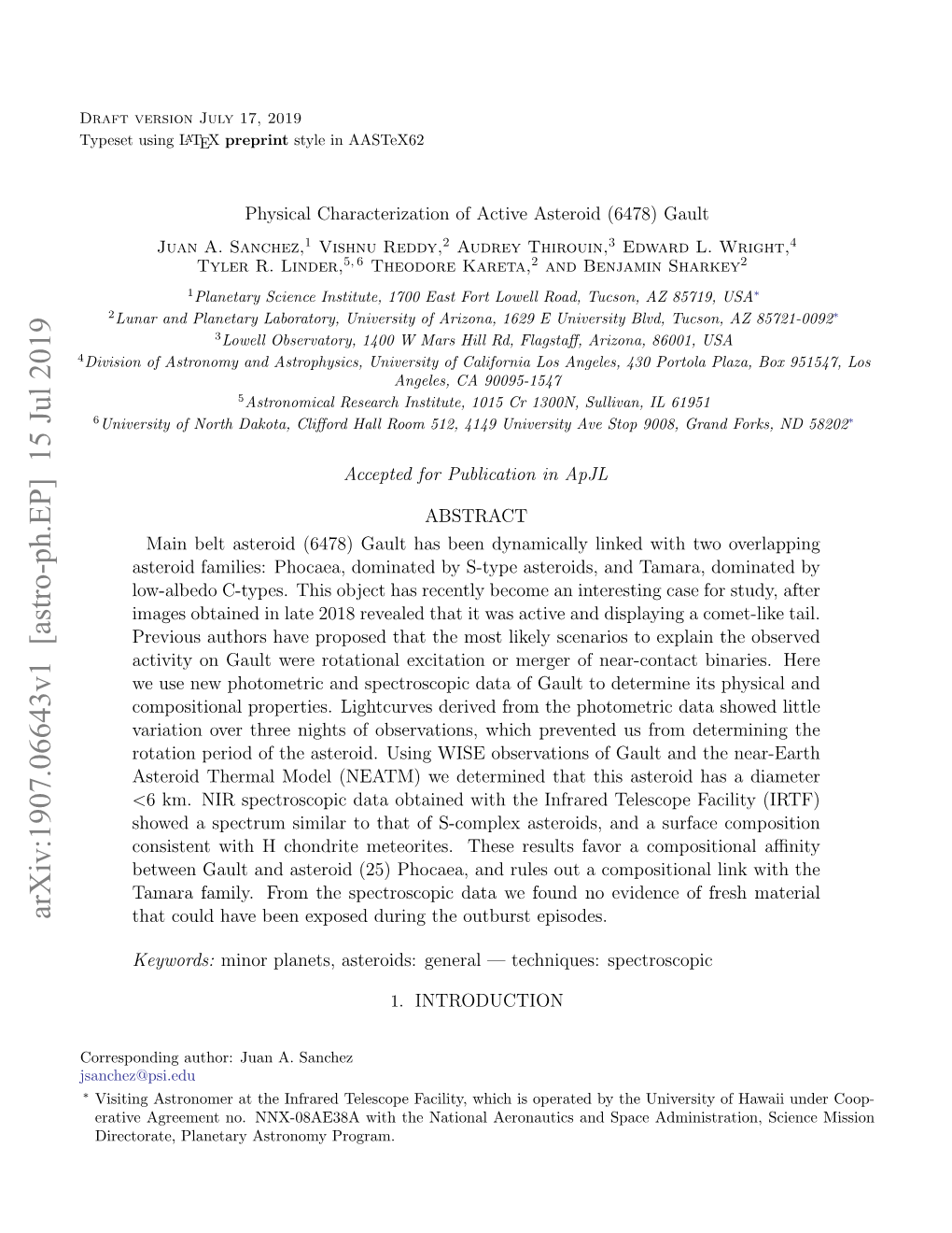 Physical Characterization of Active Asteroid (6478) Gault Juan A