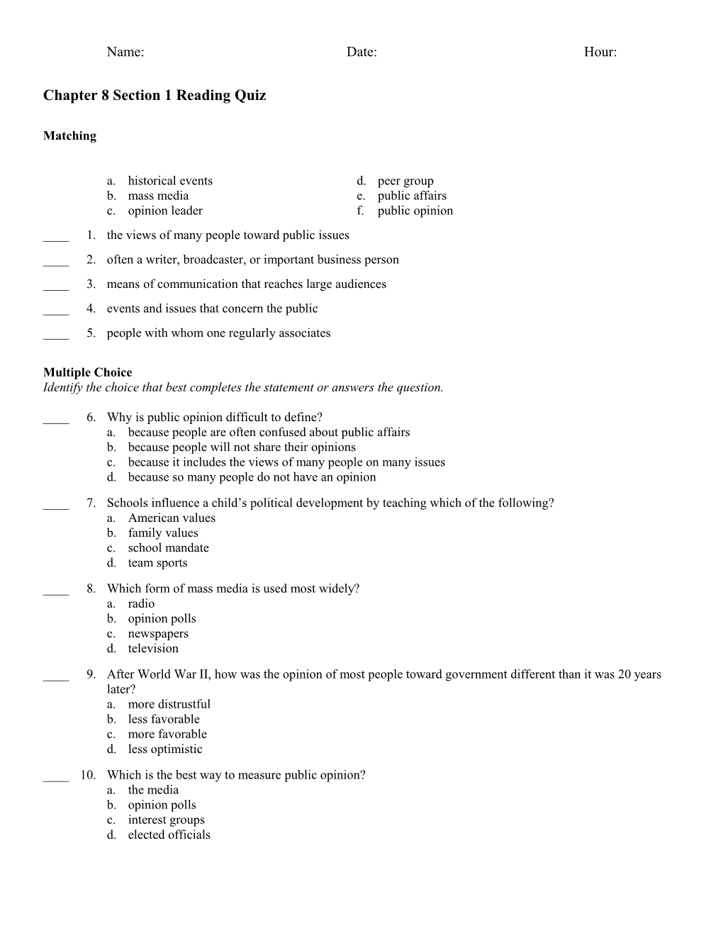 Chapter 8 Section 1 Reading Quiz