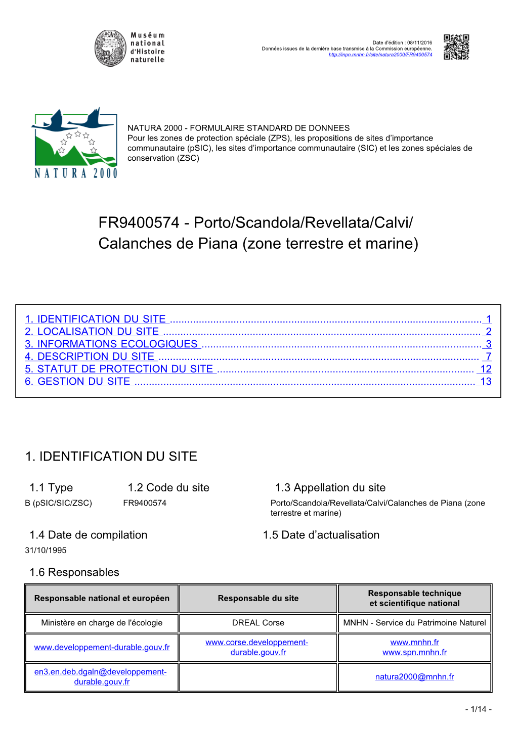 Porto/Scandola/Revellata/Calvi/ Calanches De Piana (Zone Terrestre Et Marine)