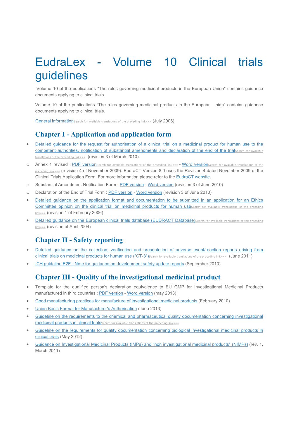 Eudralex - Volume 10 Clinical Trials Guidelines