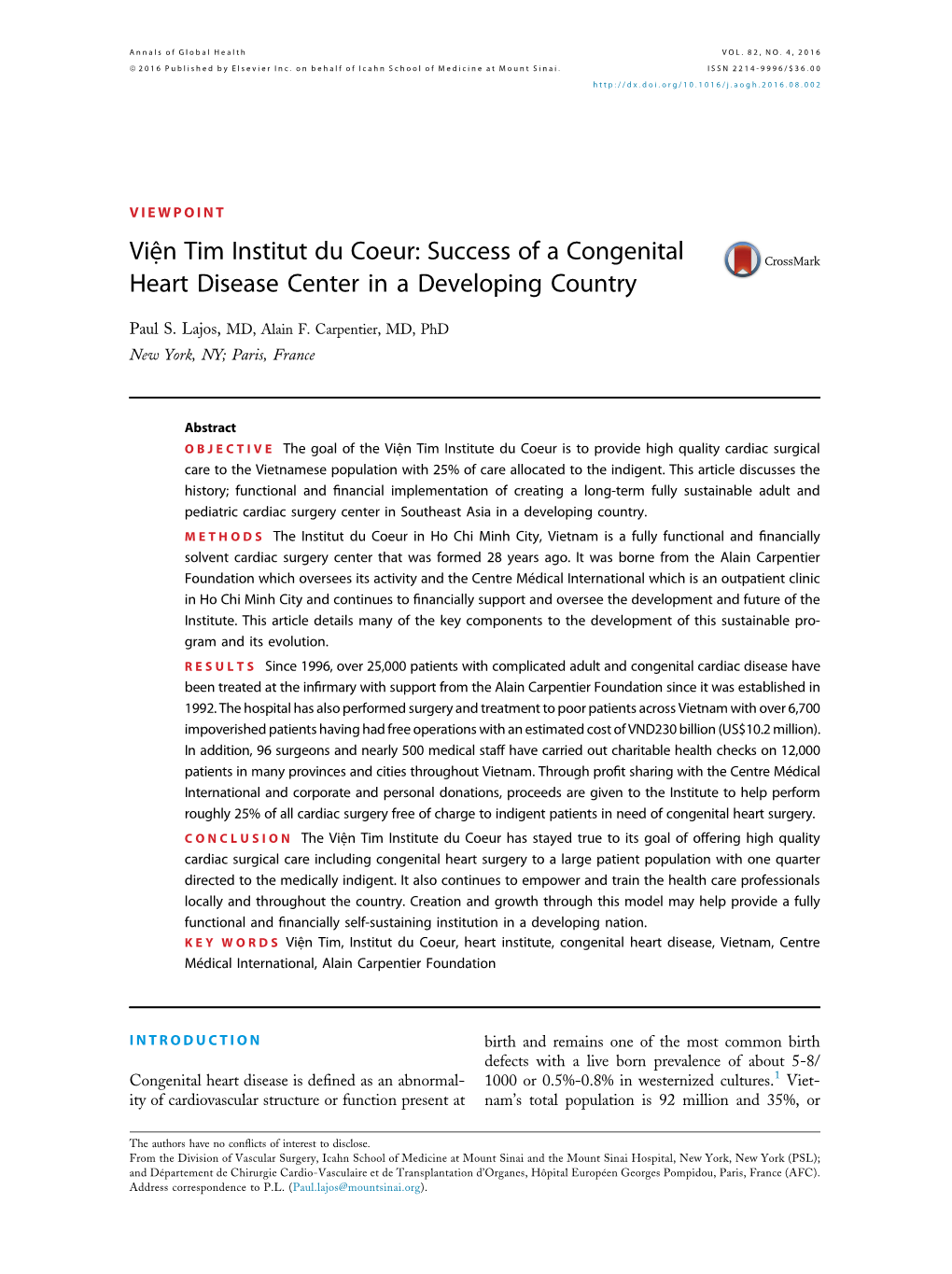 N Tim Institut Du Coeur: Success of a Congenital Heart Disease Center in a Developing Country