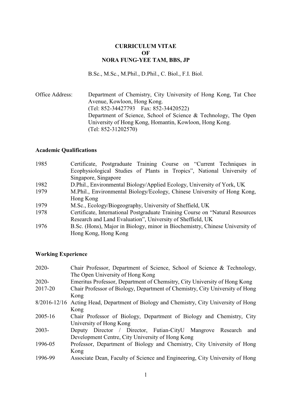 Curriculum Vitae of Nora Fung-Yee Tam, Bbs, Jp