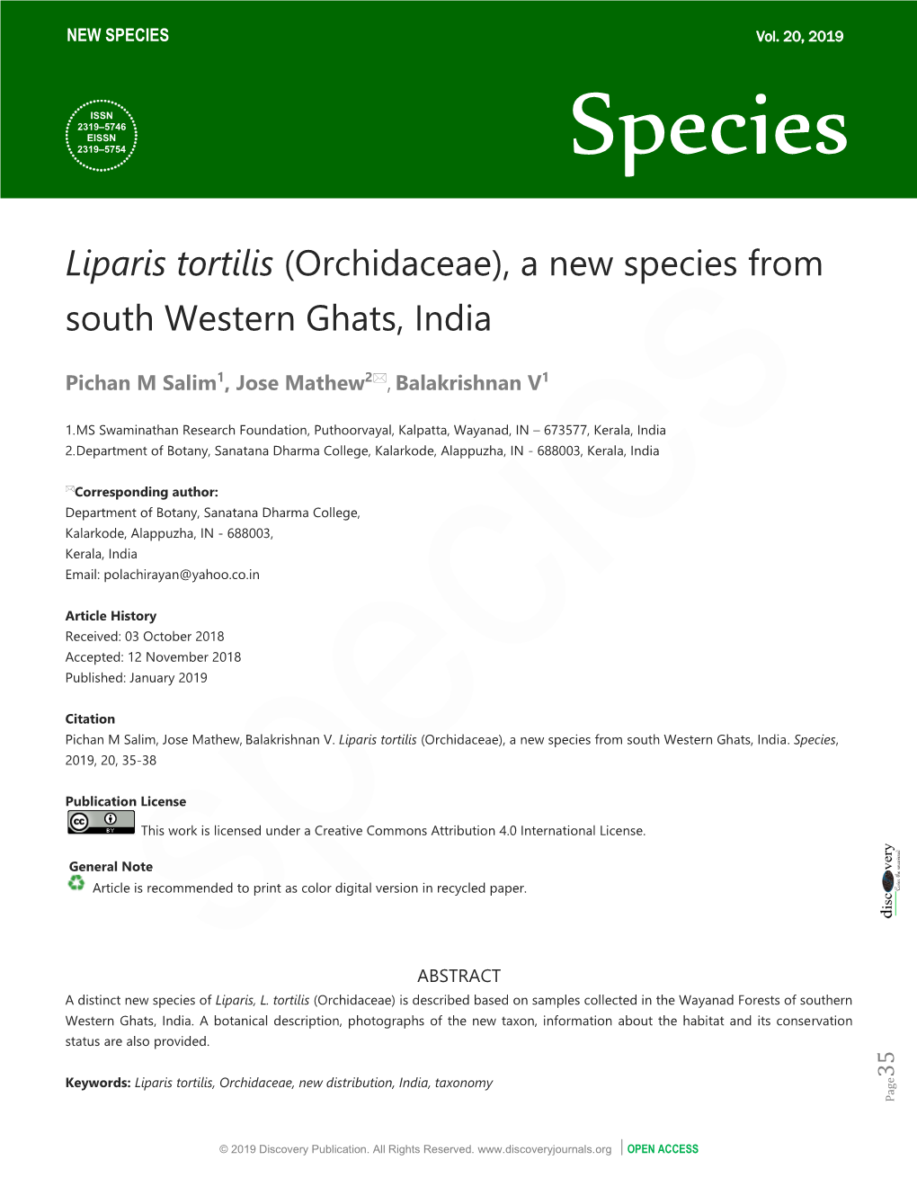 Liparis Tortilis (Orchidaceae), a New Species from South Western Ghats, India