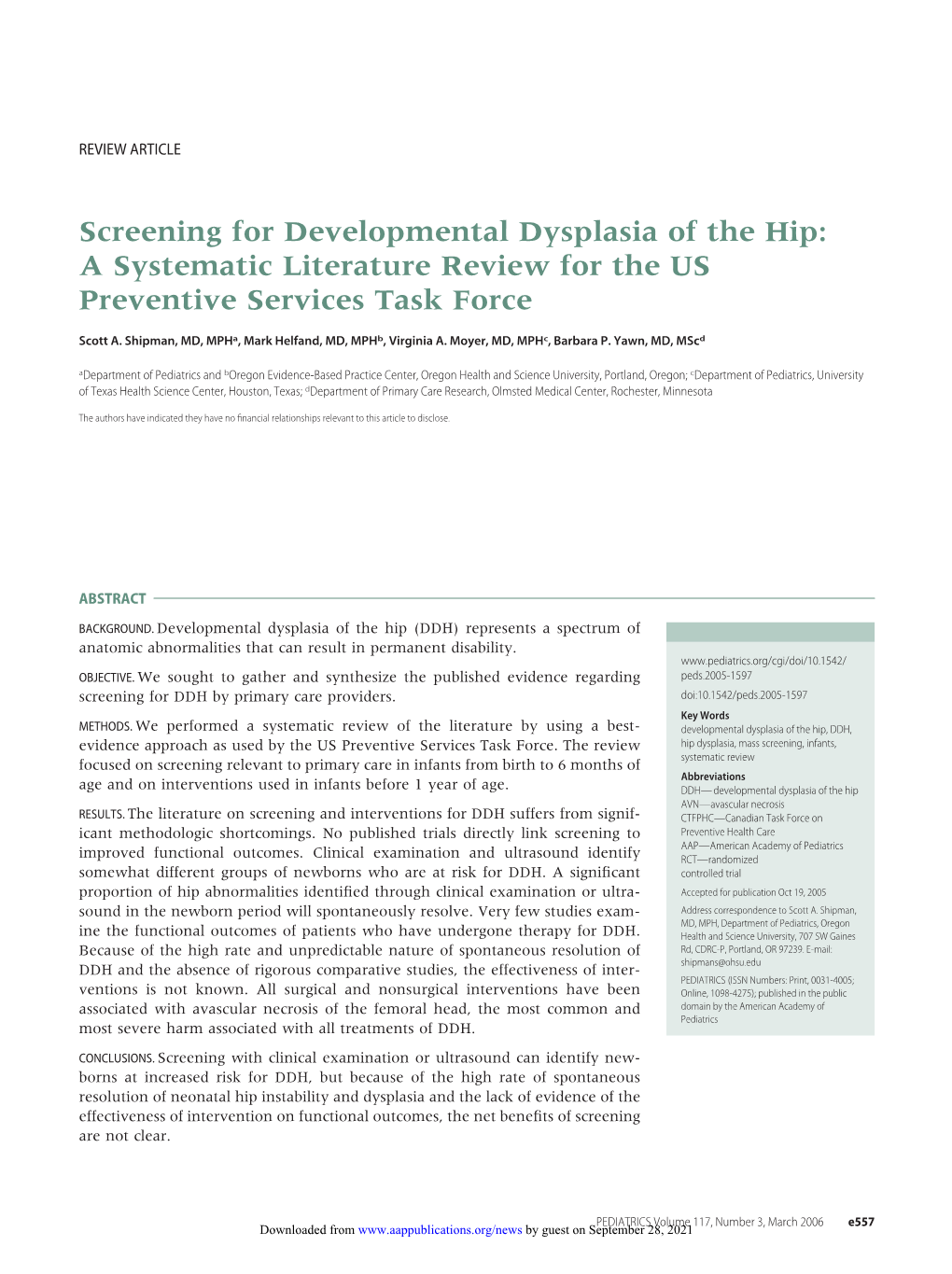 Screening for Developmental Dysplasia of the Hip: a Systematic Literature Review for the US Preventive Services Task Force