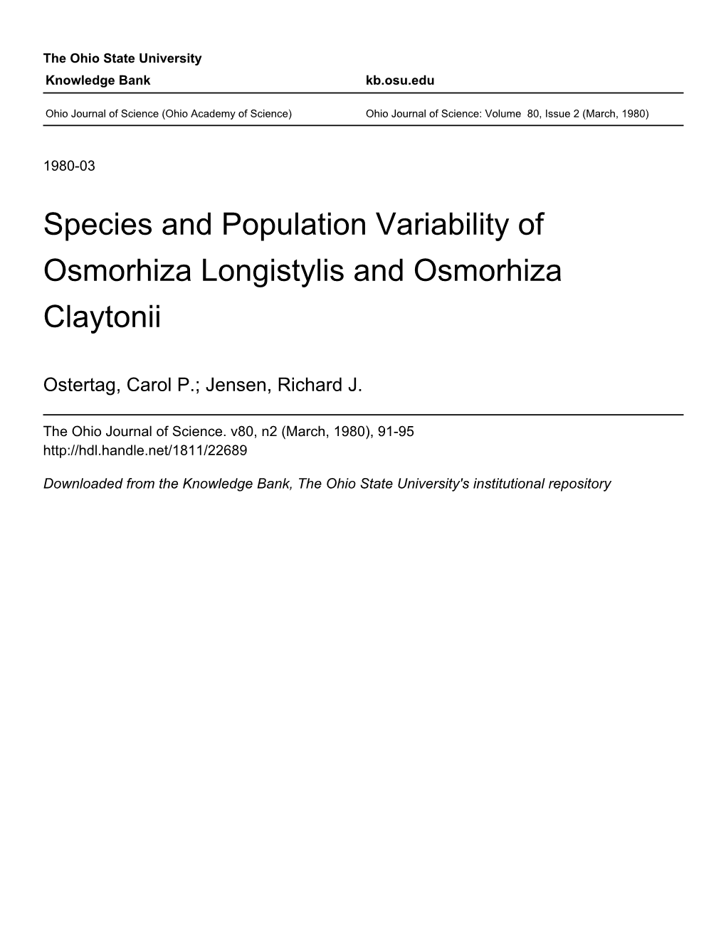 Species and Population Variability of Osmorhiza Longistylis and Osmorhiza Claytonii