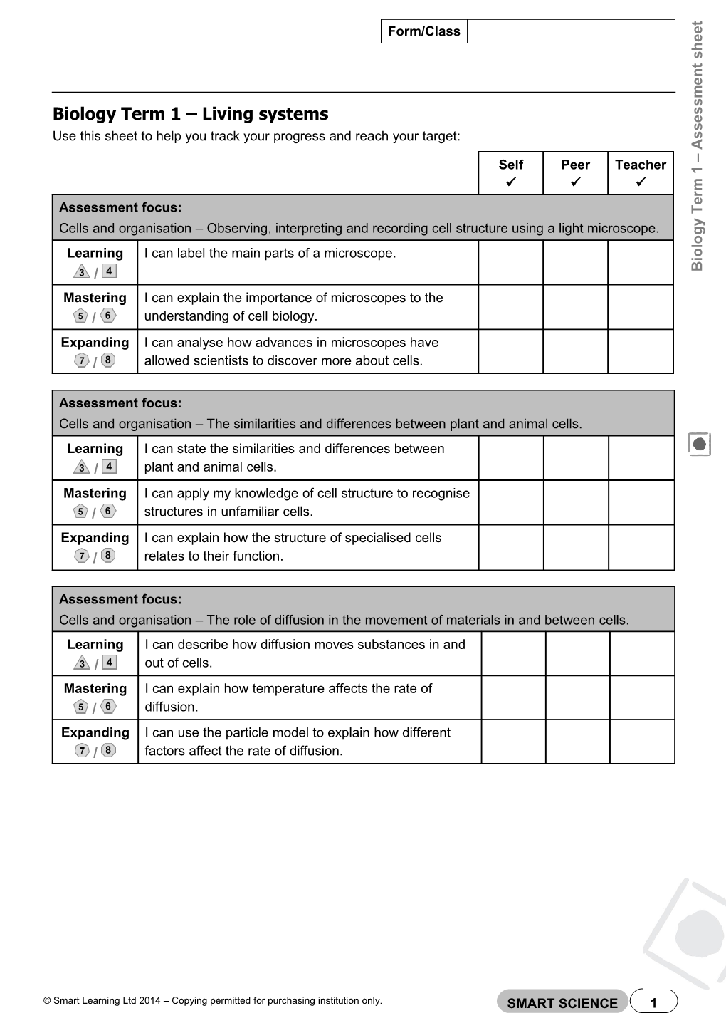 Form/Class Biology Term 1 Living Systems Use This Sheet to Help You Track Your Progress