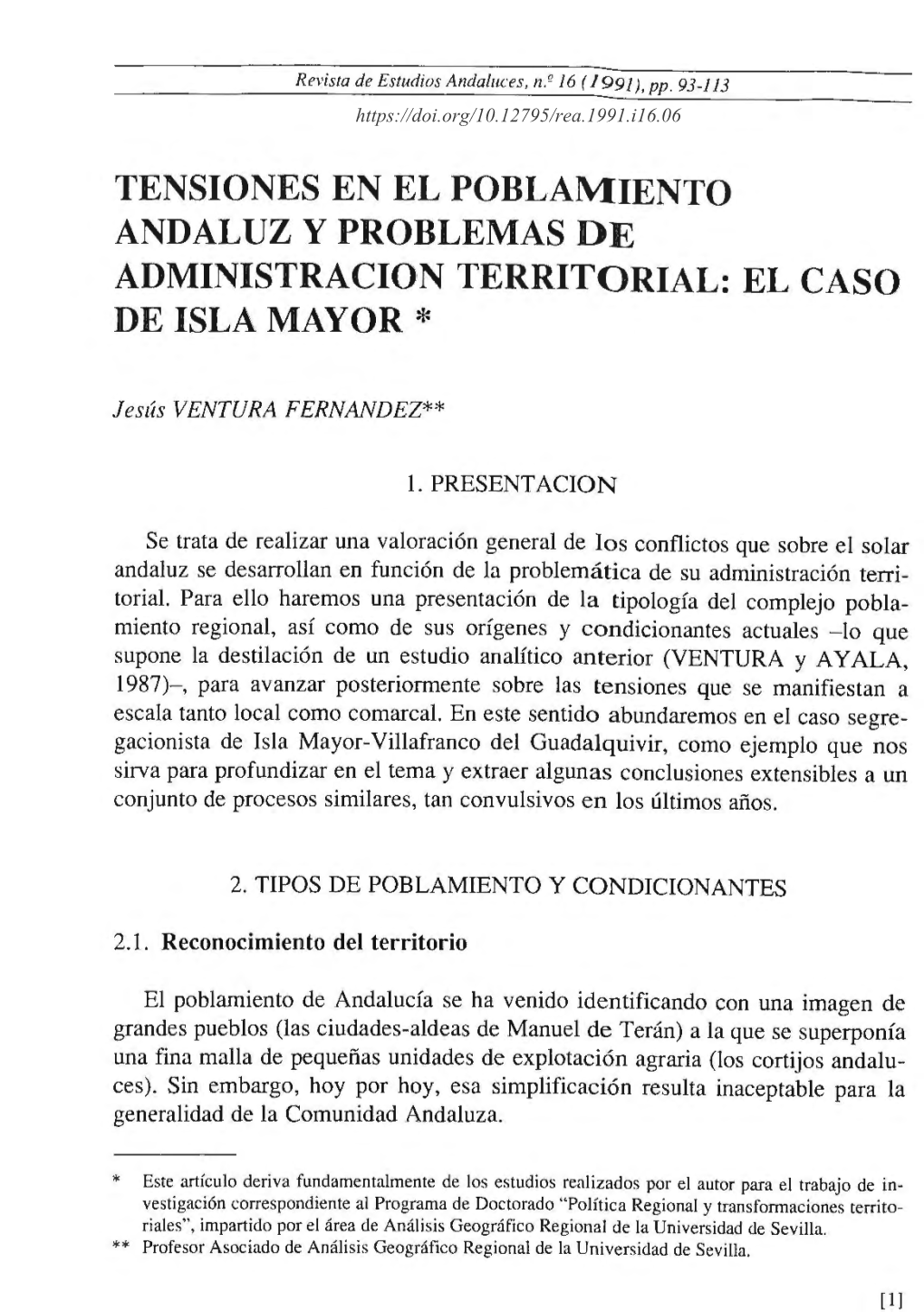 Tensiones En El Poblamiento Andaluz Y Problemas De Administracion Territorial: El Caso De Isla Mayor *