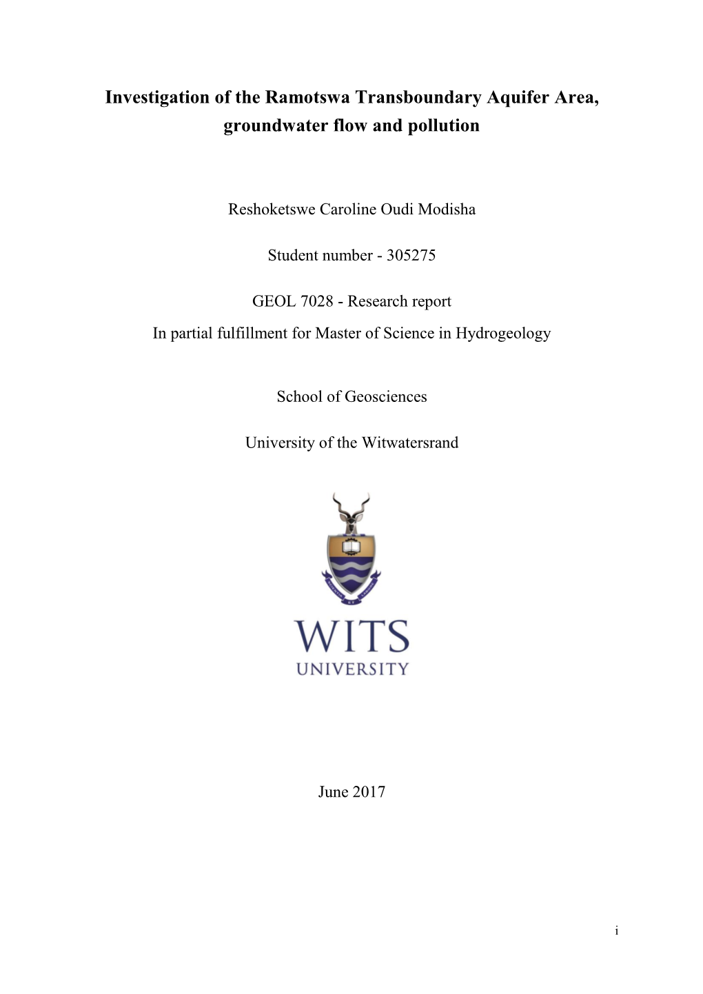 Investigation of the Ramotswa Transboundary Aquifer Area, Groundwater Flow and Pollution