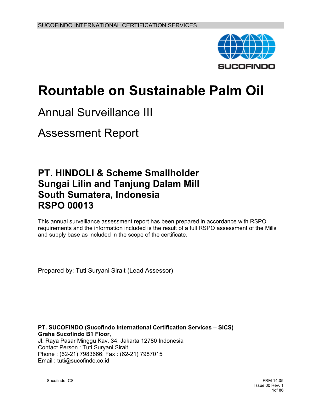 Rountable on Sustainable Palm Oil Annual Surveillance III Assessment Report