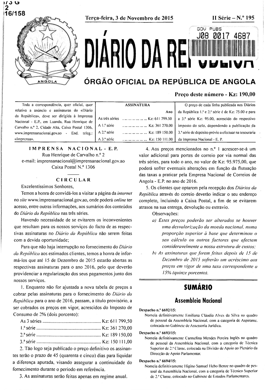 J08 0017 4687 Diário Da Refbs Órgão Oficial Da República De Angola