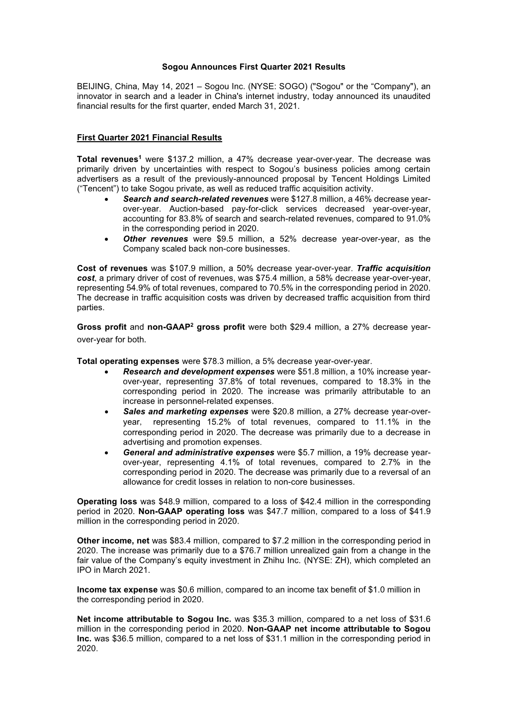 First Quarter 2021 Financial Results