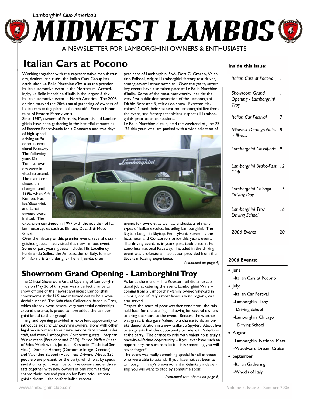 Lamborghini Club America’S MIDWEST LAMBOS a NEWSLETTER for LAMBORGHINI OWNERS & ENTHUSIASTS