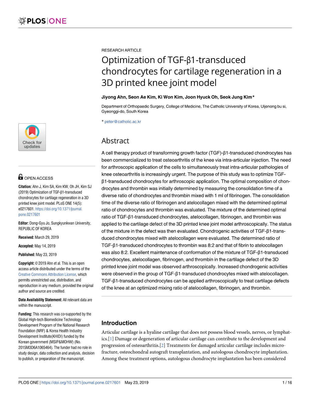 Optimization of TGF-Β1-Transduced Chondrocytes for Cartilage Regeneration in a 3D Printed Knee Joint Model