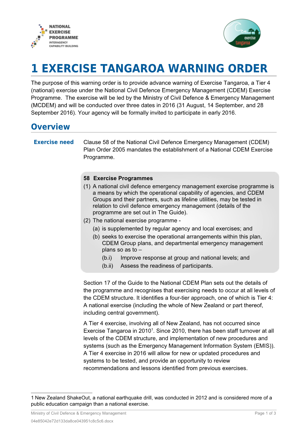 1 Exercise Tangaroa Warning Order