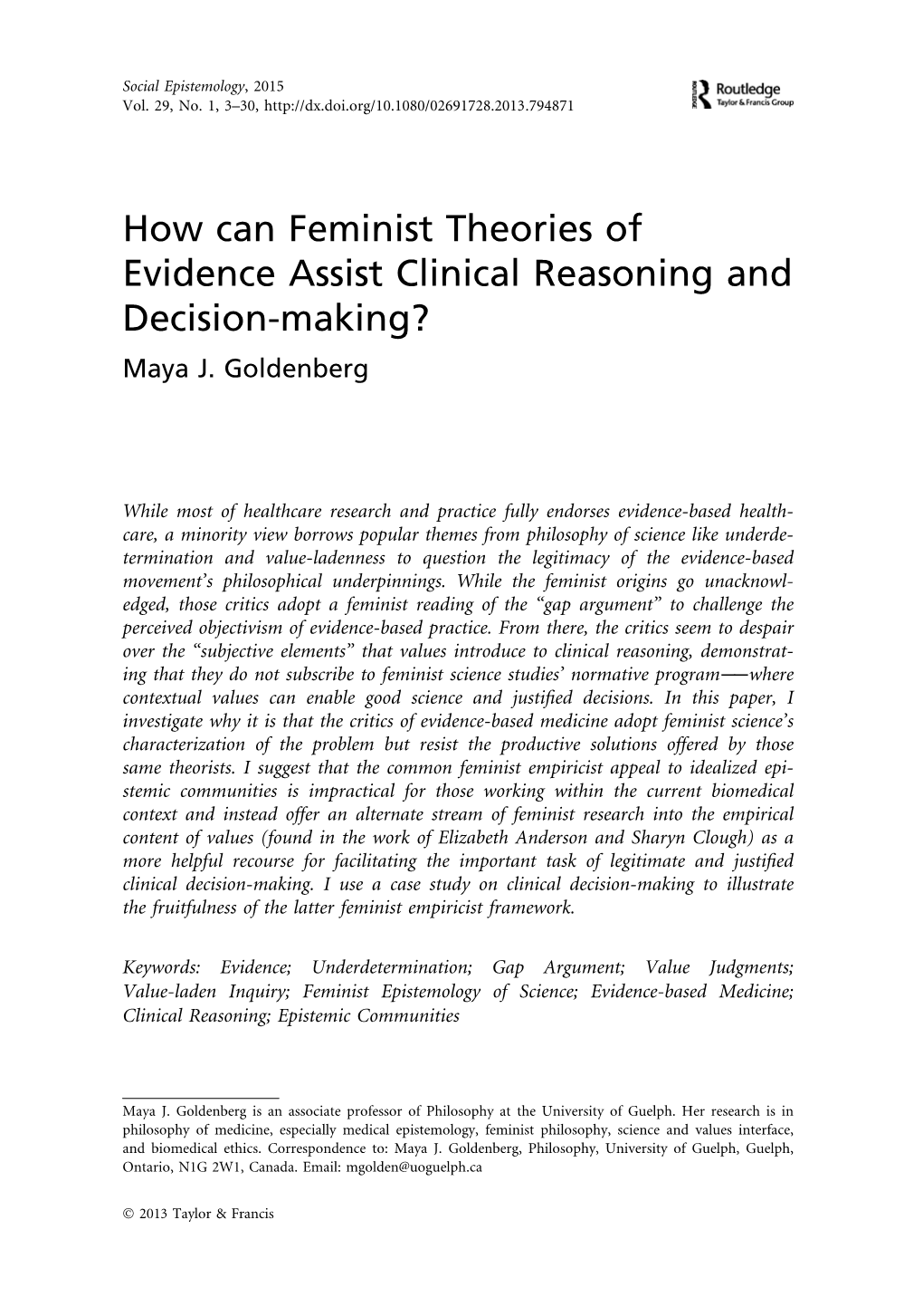 How Can Feminist Theories of Evidence Assist Clinical Reasoning and Decision-Making? Maya J