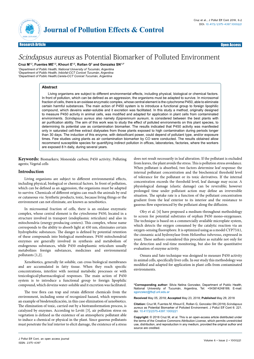 Scindapsus Aureus As Potential Biomarker of Polluted Environment