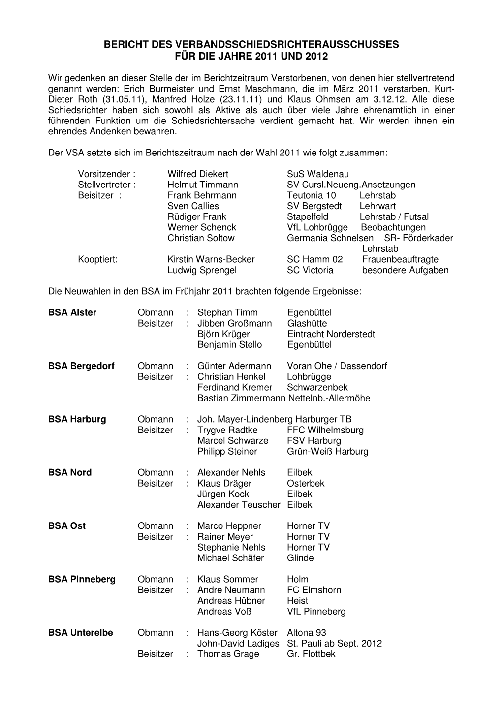 Bericht Des Verbandsschiedsrichterausschusses Für Die Jahre 2011 Und 2012
