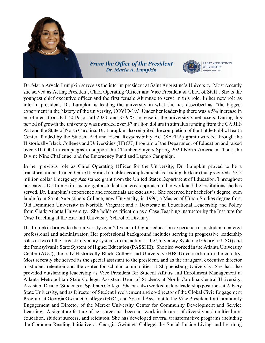 Dr. Maria Arvelo Lumpkin Serves As the Interim President at Saint Augustine’S University