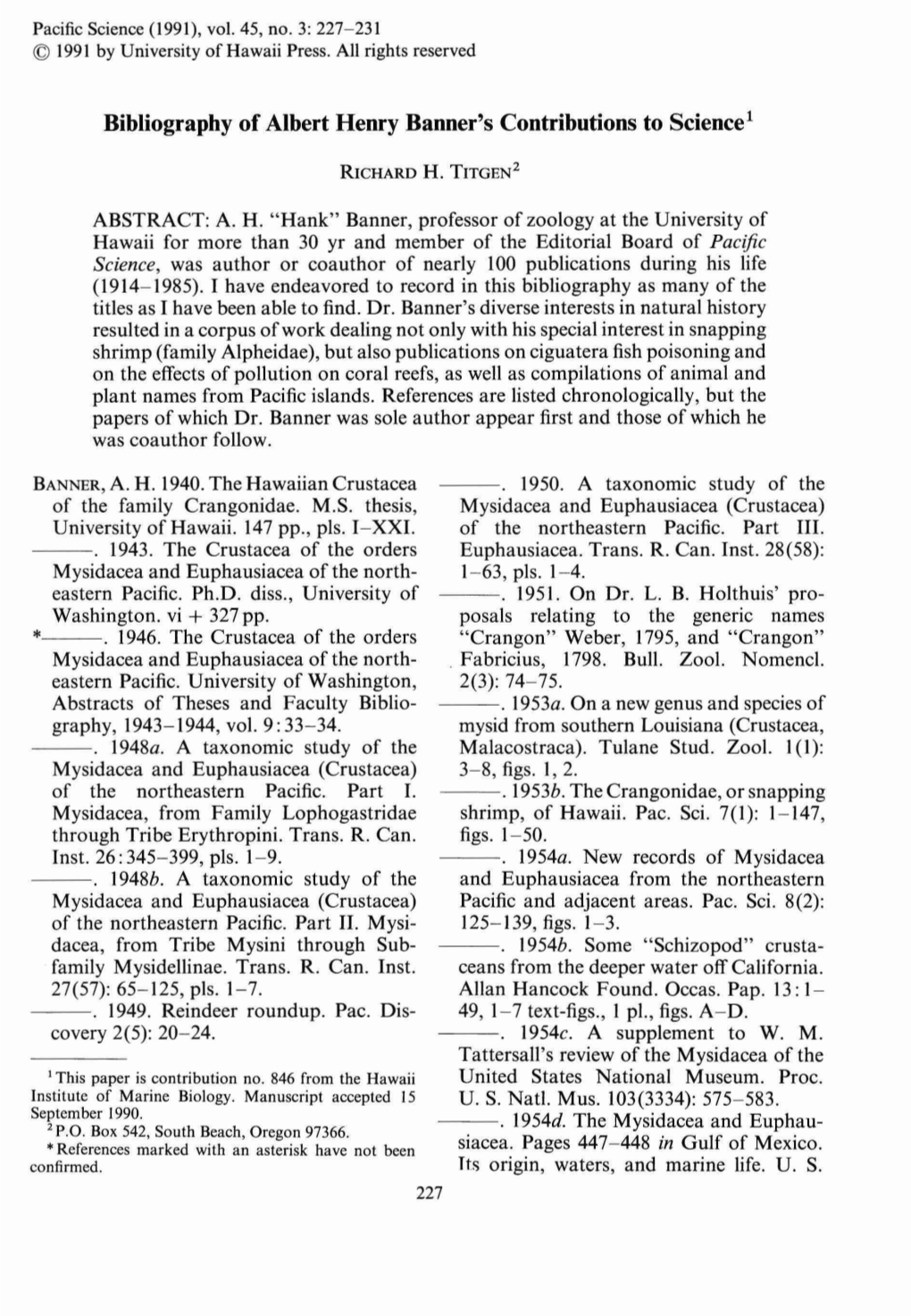 Bibliography of Albert Henry Banner's Contributions to Science1