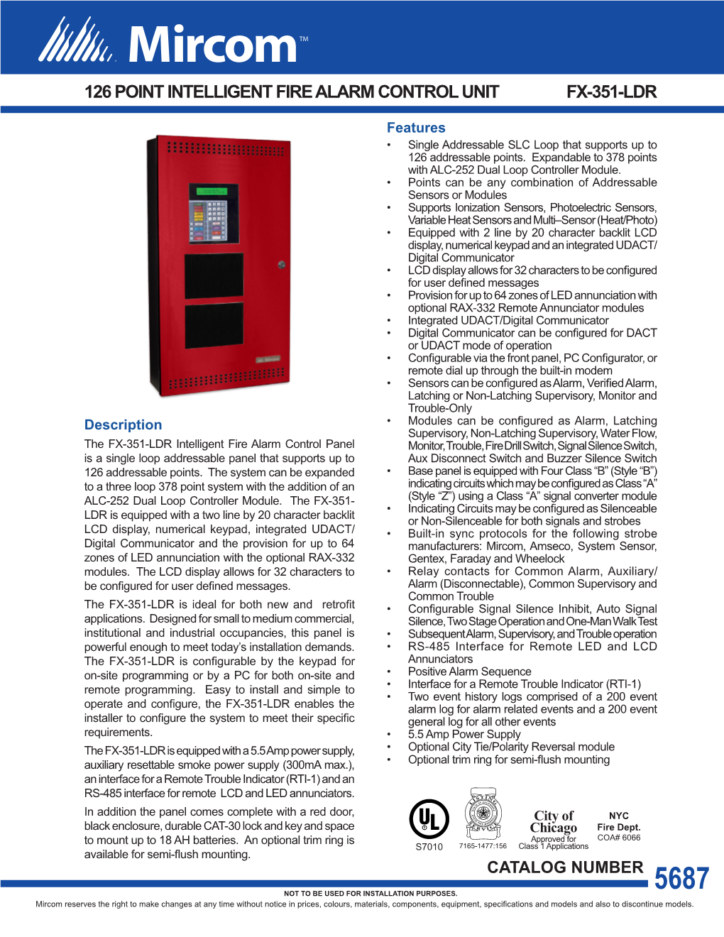 CAT-5687 FX-351-LDR 126 Point Intelligent Fire Alarm Control Panels