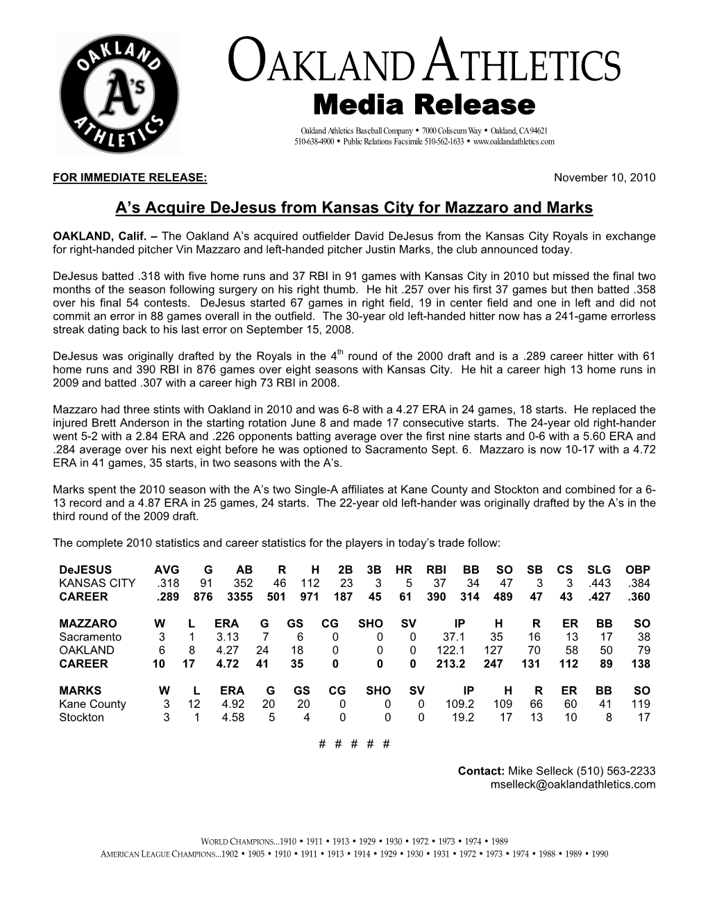 11-10-2010 Athletics Acquire Dejesus from Kansas City for Mazzaro