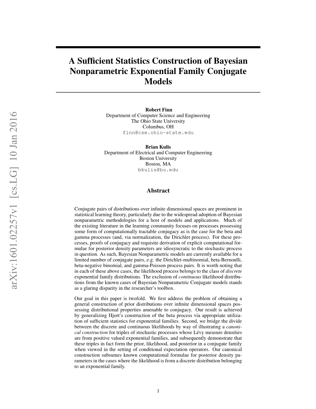 A Sufficient Statistics Construction of Bayesian Nonparametric