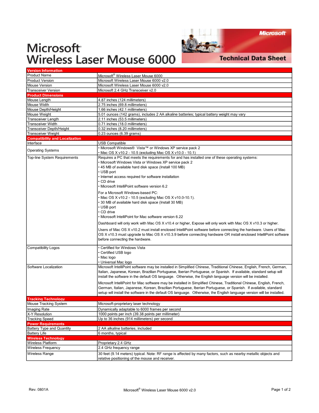 Version Information Product Name Microsoft® Wireless Laser Mouse