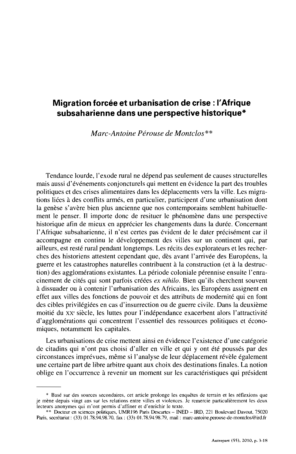 Migration Forcée Et Urbanisation De Crise : L'afrique Subsaharienne Dans