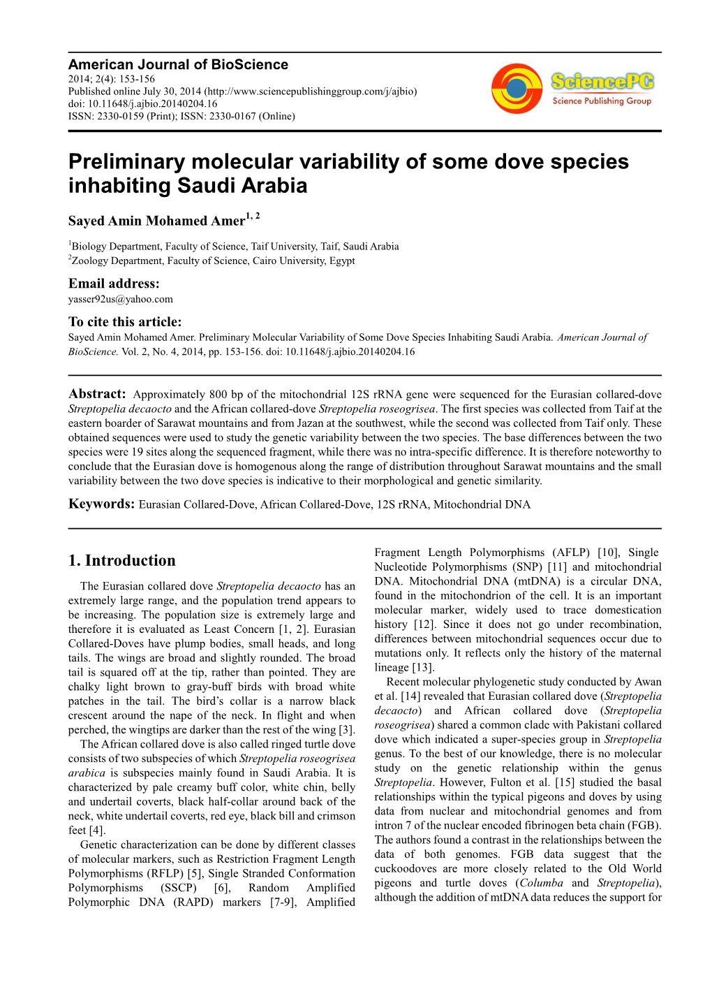 Preliminary Molecular Variability of Some Dove Species Inhabiting Saudi Arabia