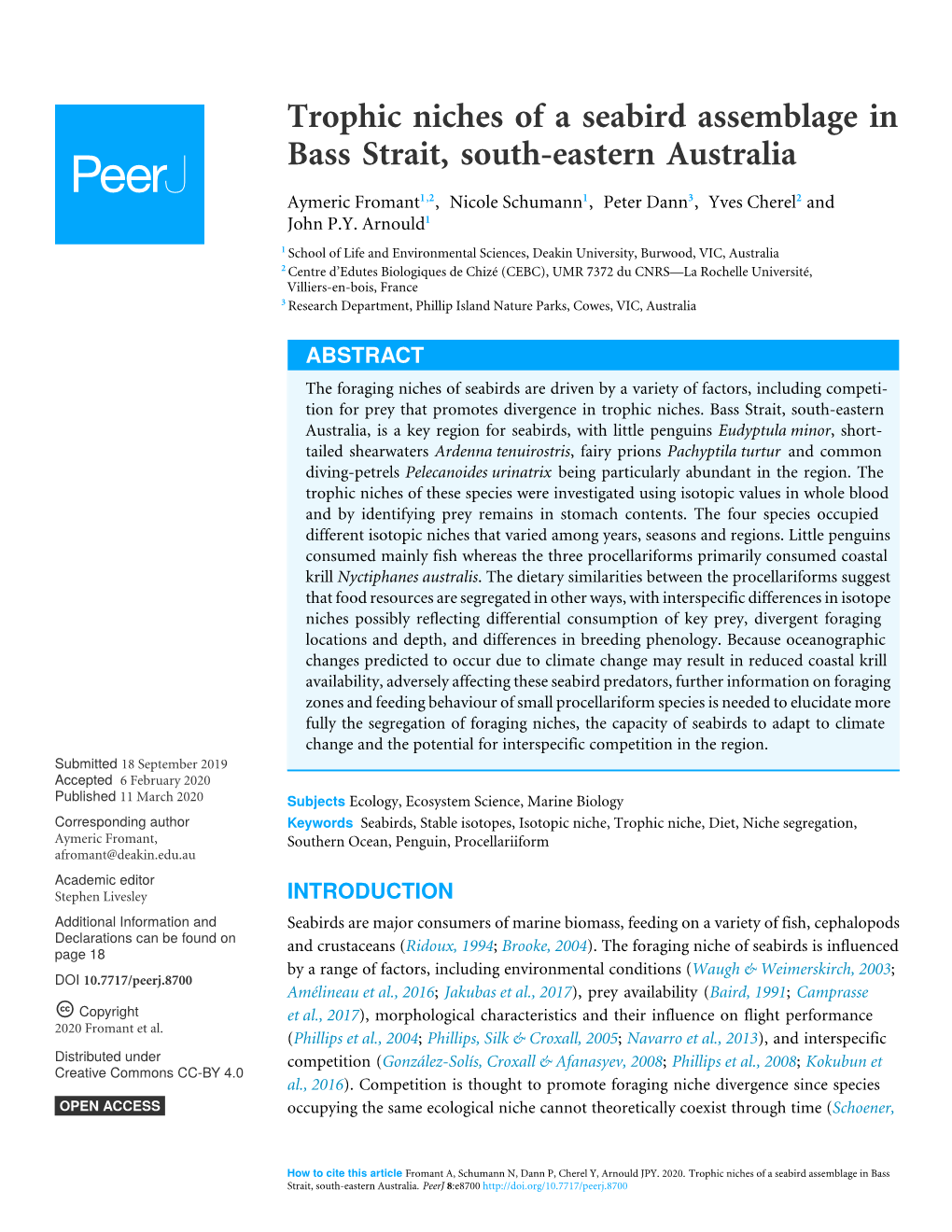 Trophic Niches of a Seabird Assemblage in Bass Strait, South-Eastern Australia