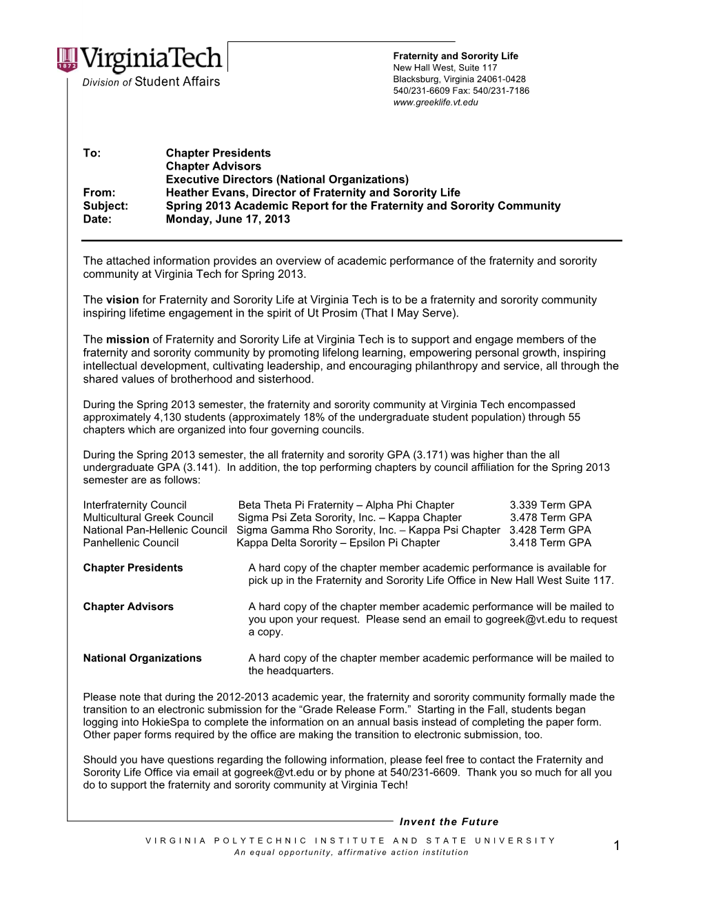 Division of Student Affairs Blacksburg, Virginia 24061-0428 540/231-6609 Fax: 540/231-7186