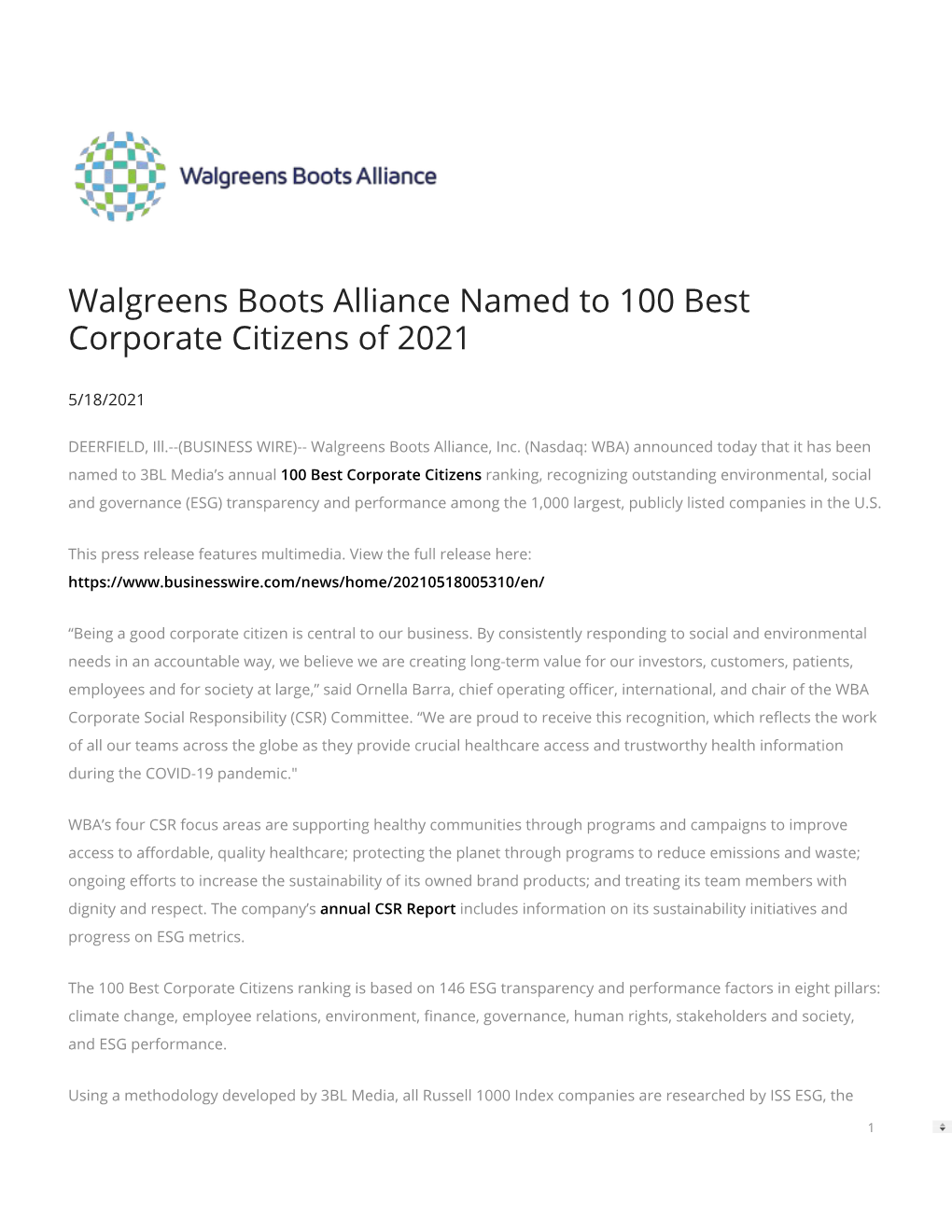 Walgreens Boots Alliance Named to 100 Best Corporate Citizens of 2021